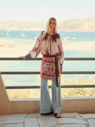 Gemusterte Oversize-Fit Bluse Seawind mit Leinen-Anteil