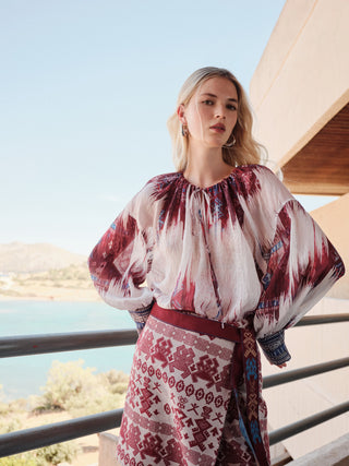 Gemusterte Oversize-Fit Bluse Seawind mit Leinen-Anteil