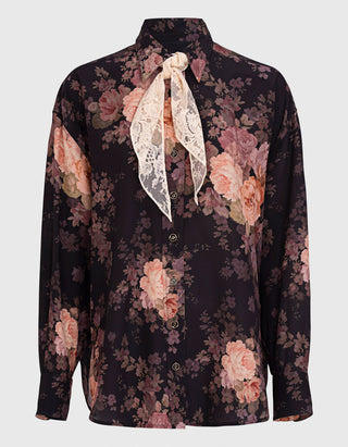 Florale Seiden-Bluse mit Spitzen-Schluppe