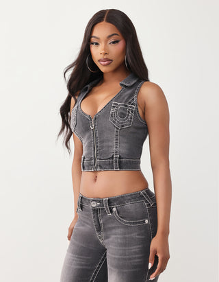 Jeans-Weste Zip Front mit Ziernähten