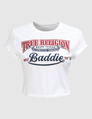 Bedrucktes Cropped T-Shirt Cap Sleeve Baby Tee mit Strasstein-Besatz