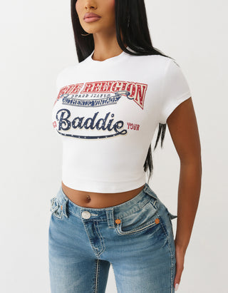 Bedrucktes Cropped T-Shirt Cap Sleeve Baby Tee mit Strasstein-Besatz