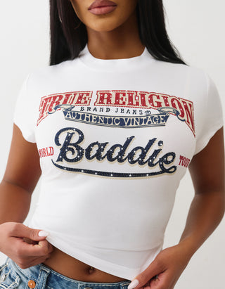 Bedrucktes Cropped T-Shirt Cap Sleeve Baby Tee mit Strasstein-Besatz