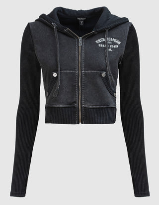 Cropped Zipper Hoodie mit Strasssteinen