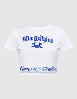 Bedrucktes Cropped T-Shirt mit Strassverzierung