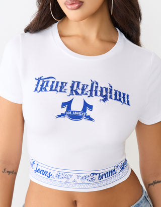 Bedrucktes Cropped T-Shirt mit Strassverzierung