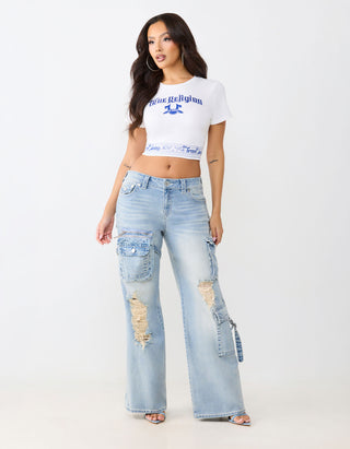 Bedrucktes Cropped T-Shirt mit Strassverzierung