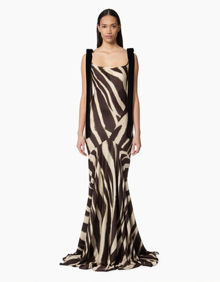 Bedrucktes Seiden-Mix-Kleid mit Samt-Schleifen