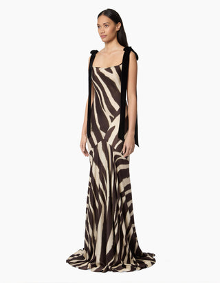 Bedrucktes Seiden-Mix-Kleid mit Samt-Schleifen