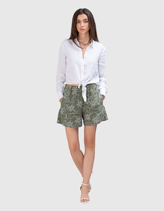 Bestickte Leinen-Shorts mit elastischem Bund