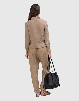 Cropped Leinen-Bundfaltenhose