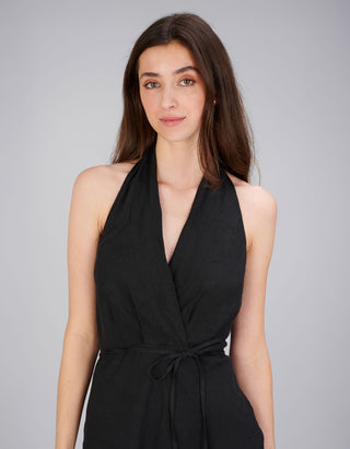 Leinen Neckholder-Midi-Kleid mit Bindegürtel