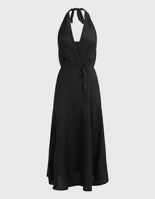 Leinen Neckholder-Midi-Kleid mit Bindegürtel