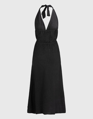 Leinen Neckholder-Midi-Kleid mit Bindegürtel