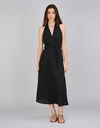 Leinen Neckholder-Midi-Kleid mit Bindegürtel