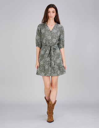 Besticktes Leinen-Mini-Kleid mit Bindegürtel