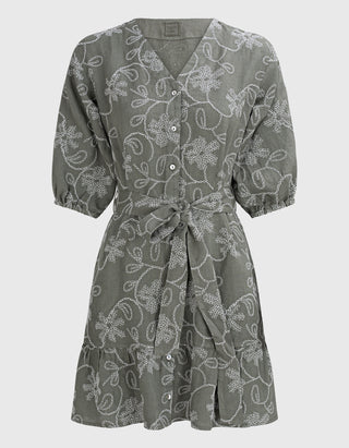 Besticktes Leinen-Mini-Kleid mit Bindegürtel