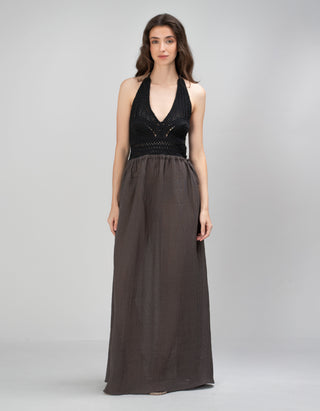 Leinen Neckholder-Kleid mit Strickdetails