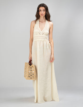 Leinen Neckholder-Kleid mit Strickdetails