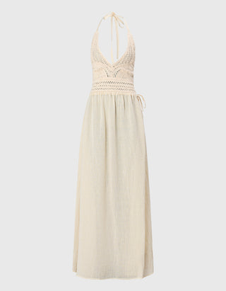 Leinen Neckholder-Kleid mit Strickdetails