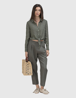 Cropped Leinen-Bundfaltenhose