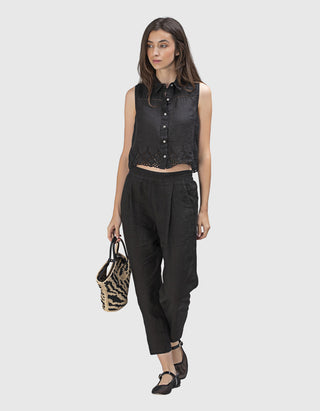 Cropped Leinen-Bundfaltenhose