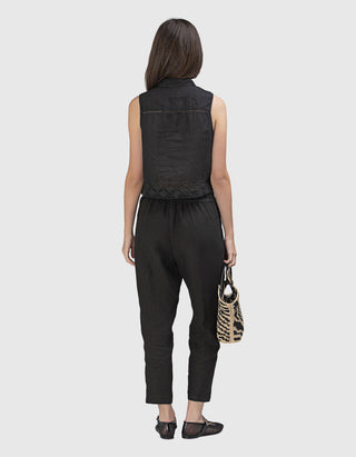 Cropped Leinen-Bundfaltenhose