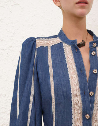 Denim-Bluse Awaken mit Häkelspitz-Details