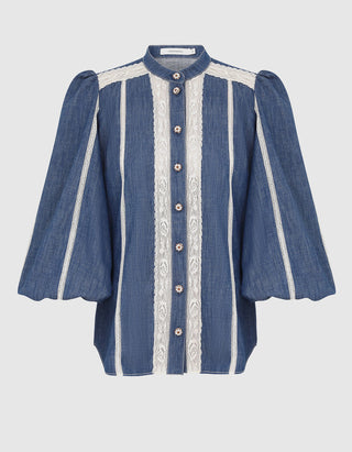 Denim-Bluse Awaken mit Häkelspitz-Details