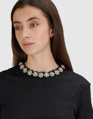 Leinen-T-Shirt mit Schmuckstein-Besatz