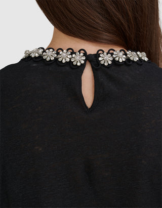 Leinen-T-Shirt mit Schmuckstein-Besatz