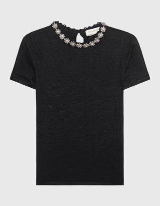 Leinen-T-Shirt mit Schmuckstein-Besatz