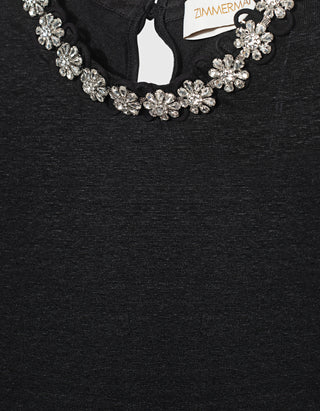 Leinen-T-Shirt mit Schmuckstein-Besatz