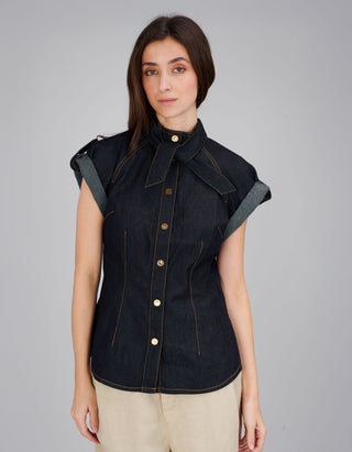 Jeans-Kurzarm Bluse mit Binde-Detail