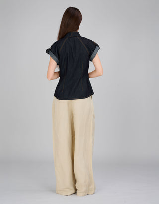 Jeans-Kurzarm Bluse mit Binde-Detail