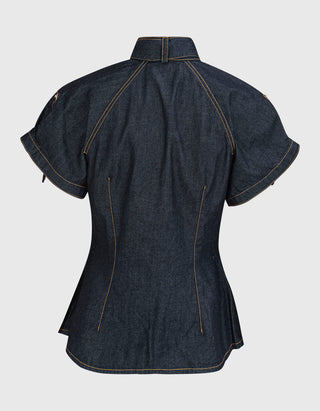 Jeans-Kurzarm Bluse mit Binde-Detail