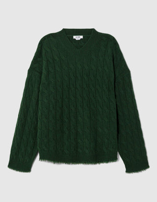 Zopfstrick-Kaschmir-Pullover mit V-Ausschnitt