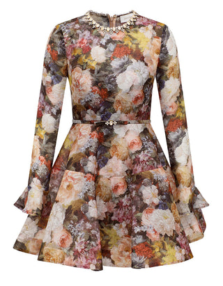 Gemustertes Mini-Kleid Alchemy Peplum mit Schmuckstein-Verzierung