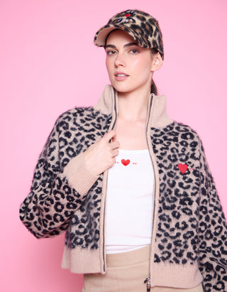 Gemusterte Fuzzy-Woll-Strickjacke mit Stickerei