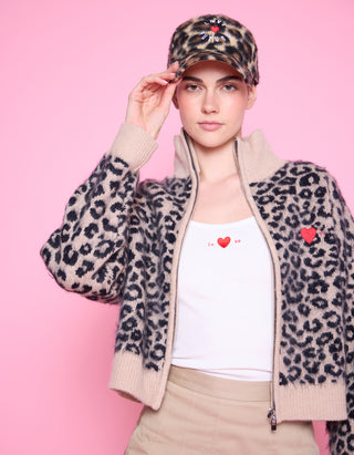 Gemusterte Fuzzy-Woll-Strickjacke mit Stickerei