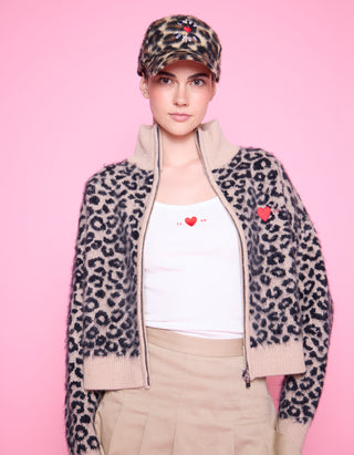 Gemusterte Fuzzy-Woll-Strickjacke mit Stickerei