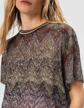 Kurzarm-T-Shirt Caperdoni mit Zickzackmuster und Pailletten