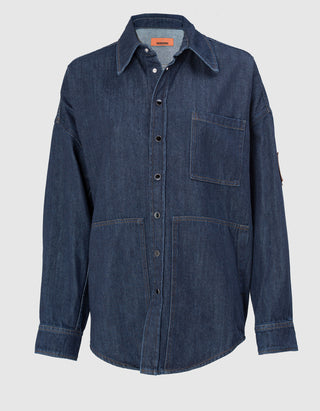 Oversize Jeanshemd mit Leder-Label-Aufnäher