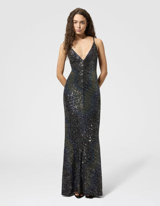 Gemustertes Maxi-Trägerkleid Caperdoni mit Pailletten-Verzierung