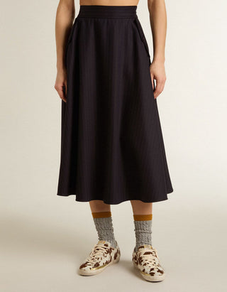 Ausgestellter Midi Woll-Rock Journey Circle mit Nadelstreifen