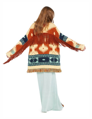 Gemusterter Cardigan Golden Dusk mit Leder-Fransen