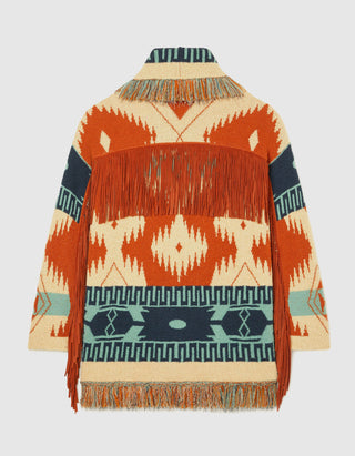 Gemusterter Cardigan Golden Dusk mit Leder-Fransen