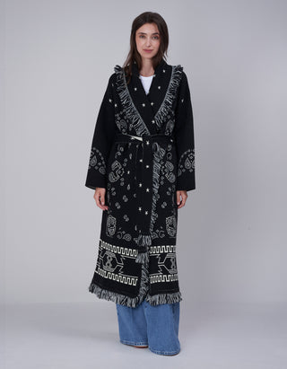 Gemusterter Cardigan Long Bandana mit Bindegürtel