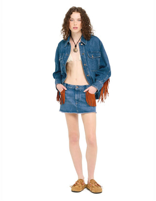 Denim Mini-Rock Golden Dusk mit Leder-Fransen