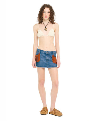 Denim Mini-Rock Golden Dusk mit Leder-Fransen